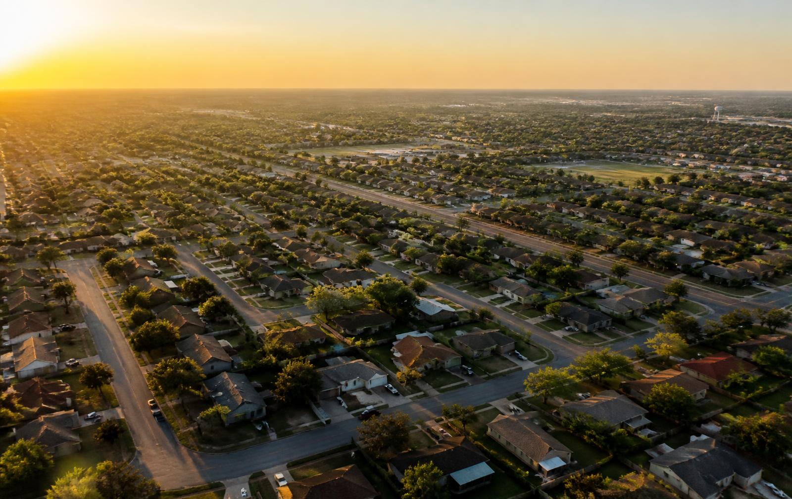 Aerial view of a Texas town at golden hour